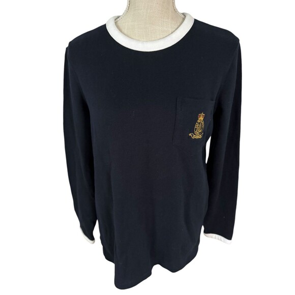 Lauren Ralph‎ Lauren Navy Blue Embroidered Pocket Crest Crewneck Sweater Size M - Picture 3 of 8